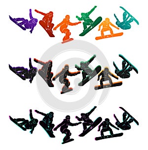 Snowboard, snowboarders, snowboarding extreme winter sport people silhouettes vector illustration, riding a board, tricks men