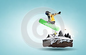 Snowboarder and Alps landscape . Mixed media