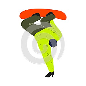 Snowboarder boy in green jacket jumping on the snowboard. Vector illustration in flat cartoon style.
