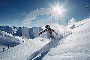 snowboarder carving down snowy slope, with mountains and blue sky in the background