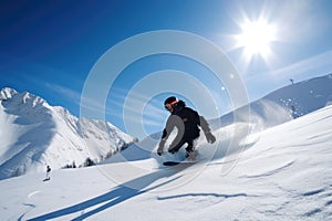 snowboarder carving down snowy slope, with mountains and blue sky in the background