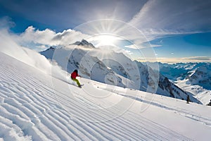 A snowboarder carving through fresh powder snow on a pristine mountain slope, leaving a trail of powder in their wake