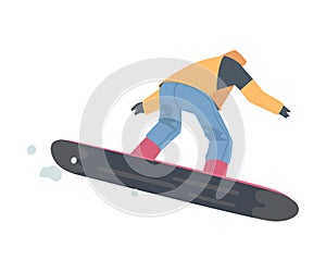 Snowboarder Character Jumping in Mountains, Extreme Sport Activities, Winter Vacation Cartoon Style Vector Illustration