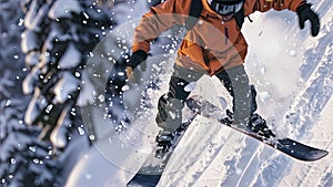 snowboarder doing tricks on the mountain, close up of snowboarder on the snow