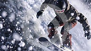 snowboarder doing tricks on the mountain, close up of snowboarder on the snow