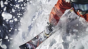 snowboarder doing tricks on the mountain, close up of snowboarder on the snow