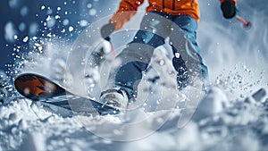 snowboarder doing tricks on the mountain, close up of snowboarder on the snow