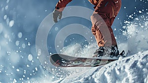 snowboarder doing tricks on the mountain, close up of snowboarder on the snow