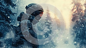 snowboarder in double exposure of Winter forest, silhouette