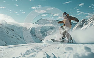 A snowboarder executes a sharp turn on alpine terrain, kicking up a cloud of snow against a backdrop of majestic