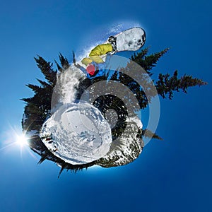 Snowboarder freerider jumping from snow ramp. Spherical 360 panorama little planet