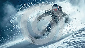 Snowboarder going down mountain ski slope on snow background, man in mask rides snowboard with splash of powder in winter. Concept