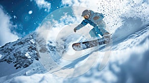 Snowboarder going down ski slope in mountain on sky background, man in mask rides snowboard spraying snow in winter. Concept of