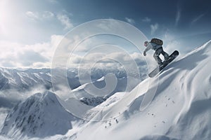 Snowboarder in a jump on a high mountain, Freerider running downhill