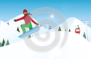 Snowboarder jumping through air against blue sky.