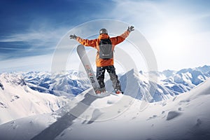 Snowboarder jumping through air with deep blue sky in background. Winter sport background.