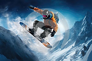 Snowboarder jumping through air with deep blue sky in background. Winter sport background.