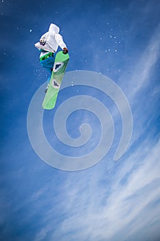 Snowboarder jumping with blue sky in background.