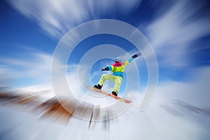 Snowboarder jumping high