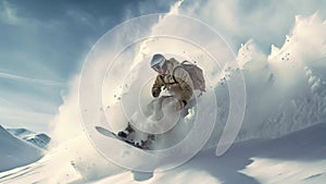 Snowboarder jumping high in the mountains. 3d rendering, Extreme skiing and jumping on the snow, no visible faces, AI Generated