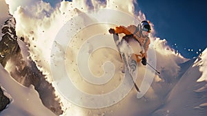 Snowboarder jumping in high mountains. Extreme winter sport. 3D Rendering, Extreme skiing and jumping on the snow, no visible