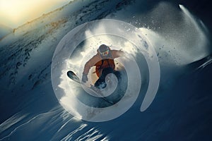 Snowboarder jumping in mountains. Extreme winter sport. 3d rendering, Extreme snowboarding on the snow, no visible faces, AI
