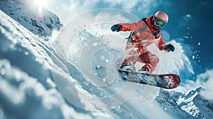 Snowboarder jumping at ski slope on sky background, man in mask rides snowboard spraying powder in winter. Concept of sport,