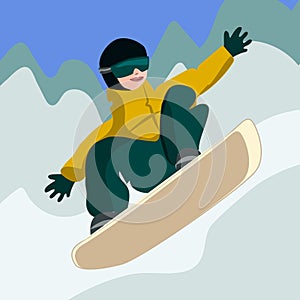 Snowboarder jumping and sliding down the mountain slope. Hand drawn vector illustration in flat style