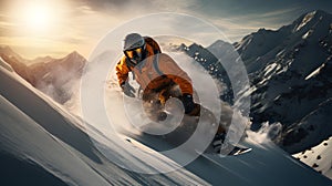 snowboarder jumping on snow in mountains