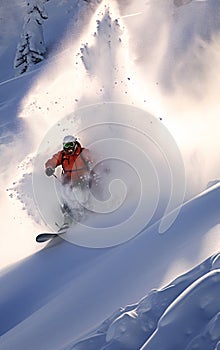 Snowboarder jumping in the snow mountains on the slope with his ski and professional equipment on a sunny day