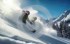 Snowboarder jumping in the snow mountains on the slope with his ski and professional equipment on a sunny day