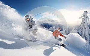 Snowboarder jumping in the snow mountains on the slope with his ski and professional equipment on a sunny day