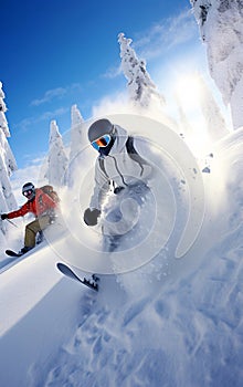 Snowboarder jumping in the snow mountains on the slope with his ski and professional equipment on a sunny day