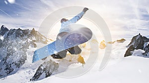 Snowboarder jumps through the air into the sunlight in dolomites alps