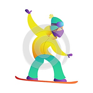 Snowboarder keeps his balance and rolls on snowboard in bright ski suit, goggles, hat and balaclava. Active sport.