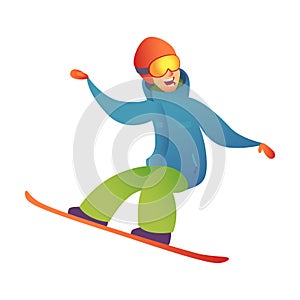 Snowboarder keeps his balance and rolls on snowboard in bright ski suit, goggles, and protective helmet. Active sport.