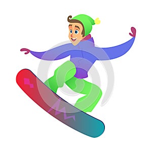 Snowboarder keeps his balance and rolls on snowboard in bright ski suit, hat. Active sport.