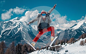 A snowboarder in mid-jump against a snowy mountain backdrop exudes thrill and freedom, sporting a suit and a red bandana