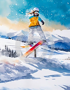 A snowboarder mid-jump against snowy mountains, showcasing skill and adventure