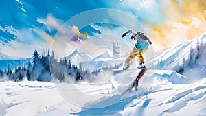 Snowboarder mid-jump against a vibrant, snowy landscape with mountains and a castle