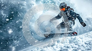 Snowboarder moves on ski slope spraying powder on snow background, person in mask rides snowboard in winter. Concept of sport,