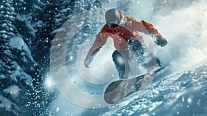 Snowboarder moves on ski slope spraying snow, man in red jacket rides snowboard with splash of powder in winter. Concept of sport