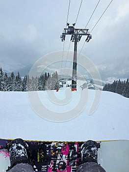 Snowboarder point of view from the slope