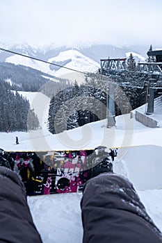 Snowboarder point of view from the slope