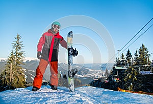 Snowboarder resting on top of the mountain