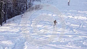 Snowboarder rides on a board from the mountain