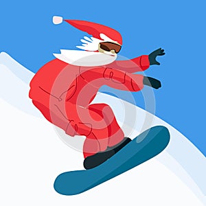 Snowboarder in santa outfit sliding down the mountain slope. Hand drawn vector illustration in flat style