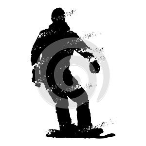 Snowboarder. Silhouette of snowboarder. The shadow of the snowboarder. Stencil. Ragged style.