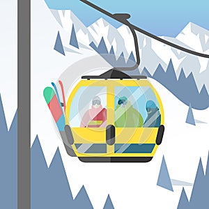 Snowboarder sitting in ski gondola and lift elevators winter sport resort snowboard people rest lifting jump vector