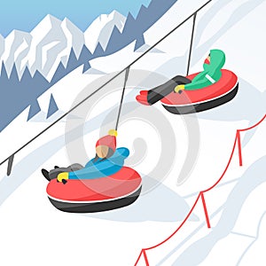 Snowboarder sitting in ski gondola and lift elevators winter sport resort snowboard people rest lifting jump vector
